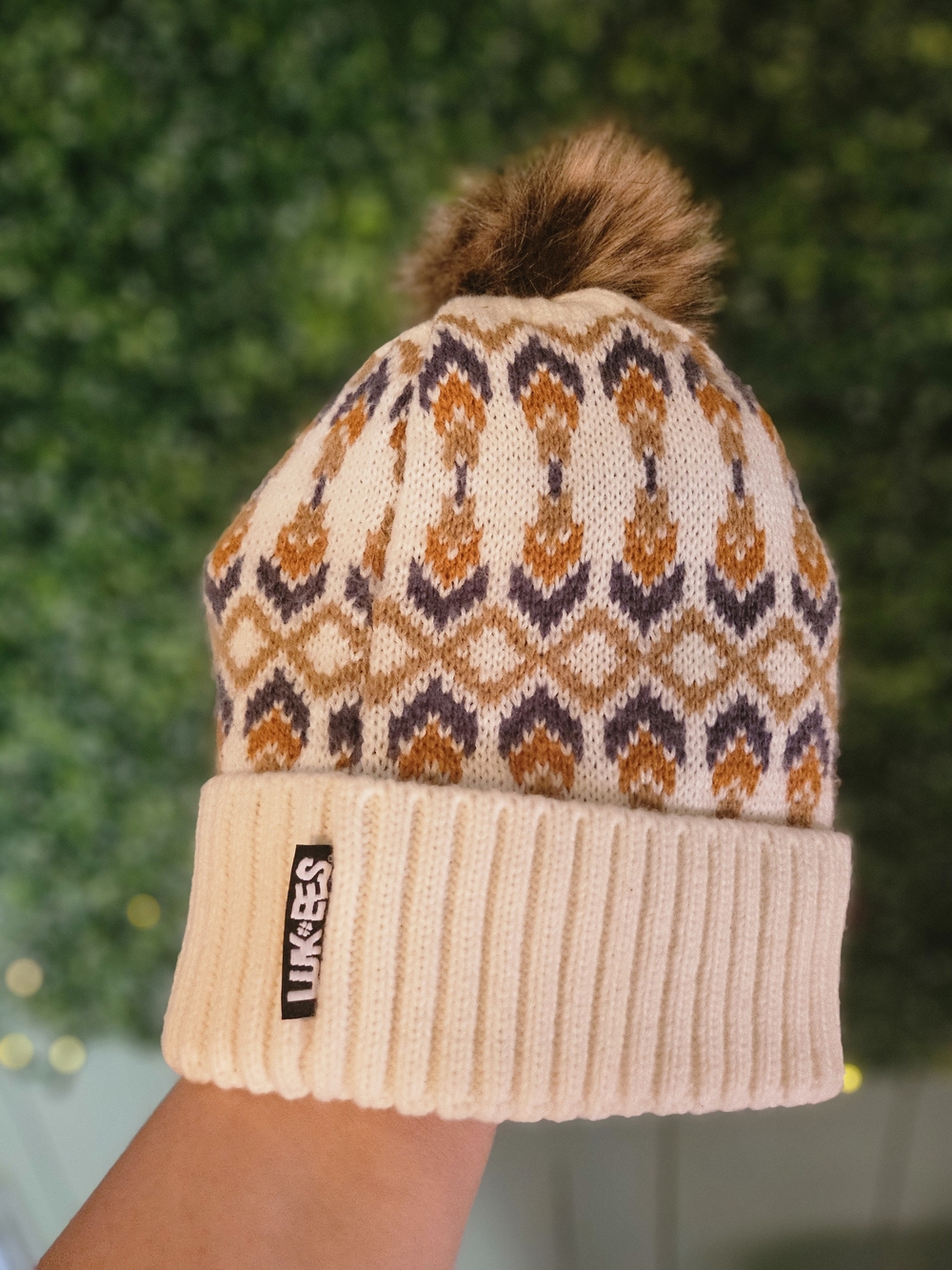 Muk Luks Cream Knit Pom Beanie with Gold and Gray Pattern